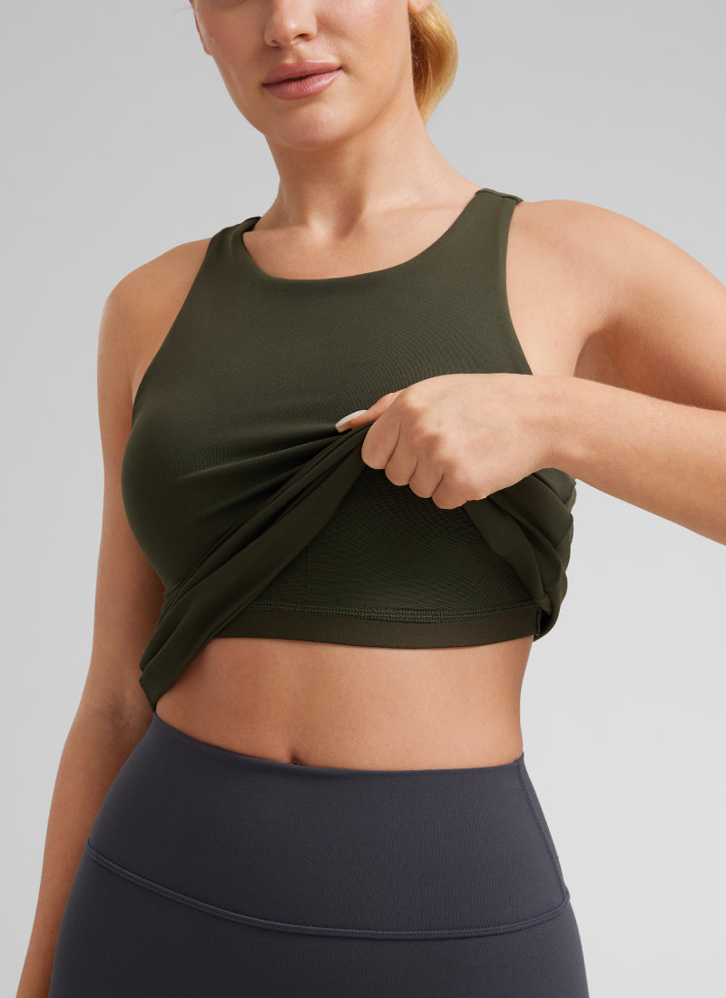 Áo thun yoga nữ CRZ YOGA kiểu ôm sát, kiểu tank top cổ cao, lưng khoét sâu, màu xanh ô liu Butterluxe