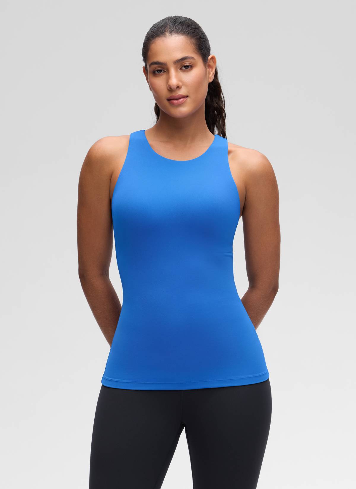 Áo thun yoga nữ CRZ YOGA kiểu ôm sát, kiểu tank top cổ cao, lưng khoét sâu, màu xanh lấp lánh Butterluxe
