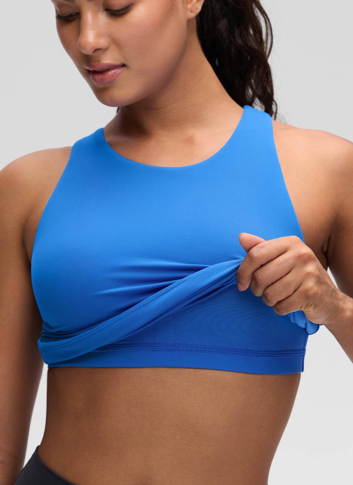 Áo thun yoga nữ CRZ YOGA kiểu ôm sát, kiểu tank top cổ cao, lưng khoét sâu, màu xanh lấp lánh Butterluxe