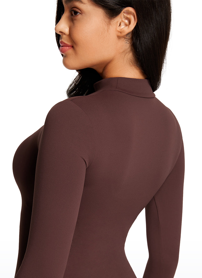 CRZ YOGA - Áo liền quần yoga nữ ôm sát, cổ lọ giả, tay dài, màu taupe