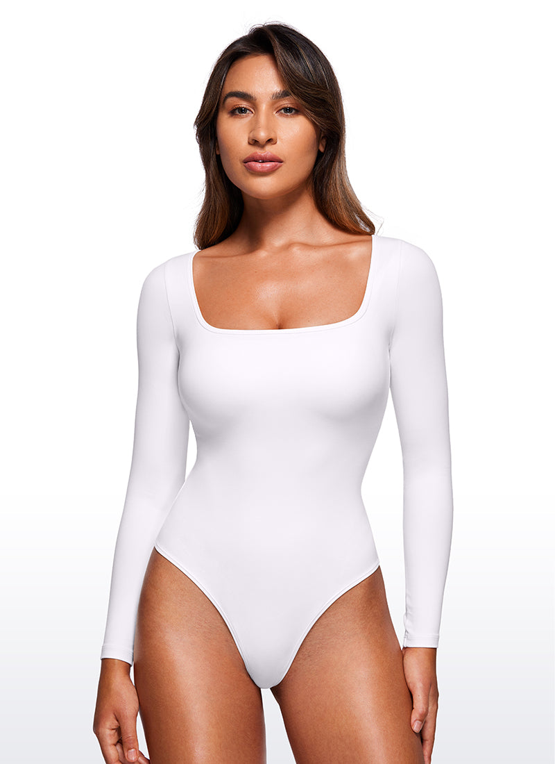 CRZ YOGA Women's Yoga Tight Fit Square Neck Long Sleeves Bodysuits White
