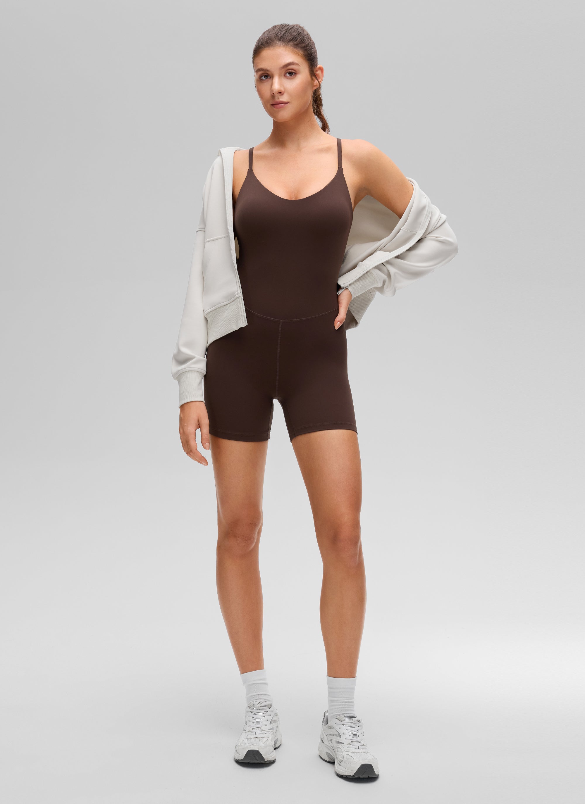CRZ YOGA Women's Butterluxe Yoga U Neck Cross Back Built in Bra Romper Hot Fudge Brown