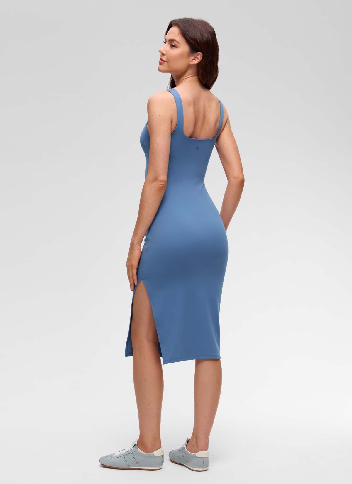 CRZ YOGA Women's Butterluxe Casual Square Neck Side Split Midi Dress Oasis Blue