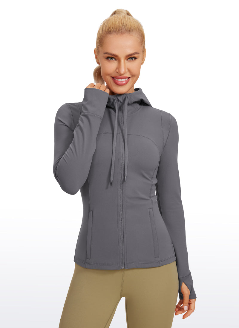 Áo hoodie CRZ YOGA dành cho nữ, kiểu dáng ôm sát, có túi, khóa kéo toàn bộ, màu Dark Carbon, thuộc dòng “ Butterluxe ”