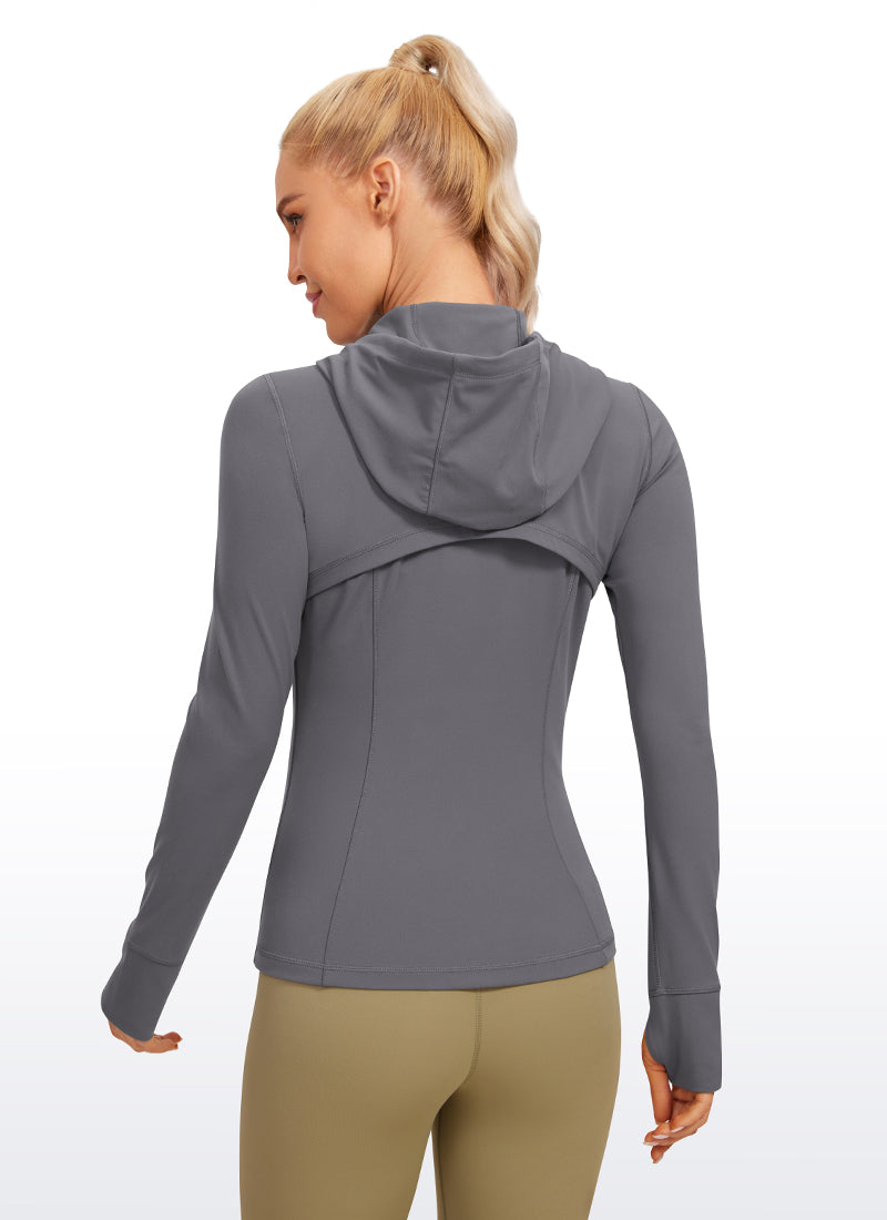 Áo hoodie CRZ YOGA dành cho nữ, kiểu dáng ôm sát, có túi, khóa kéo toàn bộ, màu Dark Carbon, thuộc dòng “ Butterluxe ”
