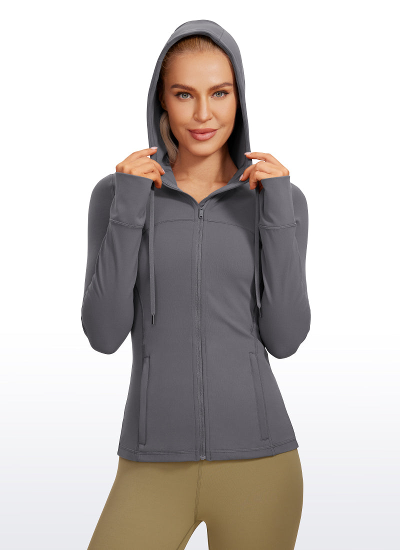 Áo hoodie CRZ YOGA dành cho nữ, kiểu dáng ôm sát, có túi, khóa kéo toàn bộ, màu Dark Carbon, thuộc dòng “ Butterluxe ”