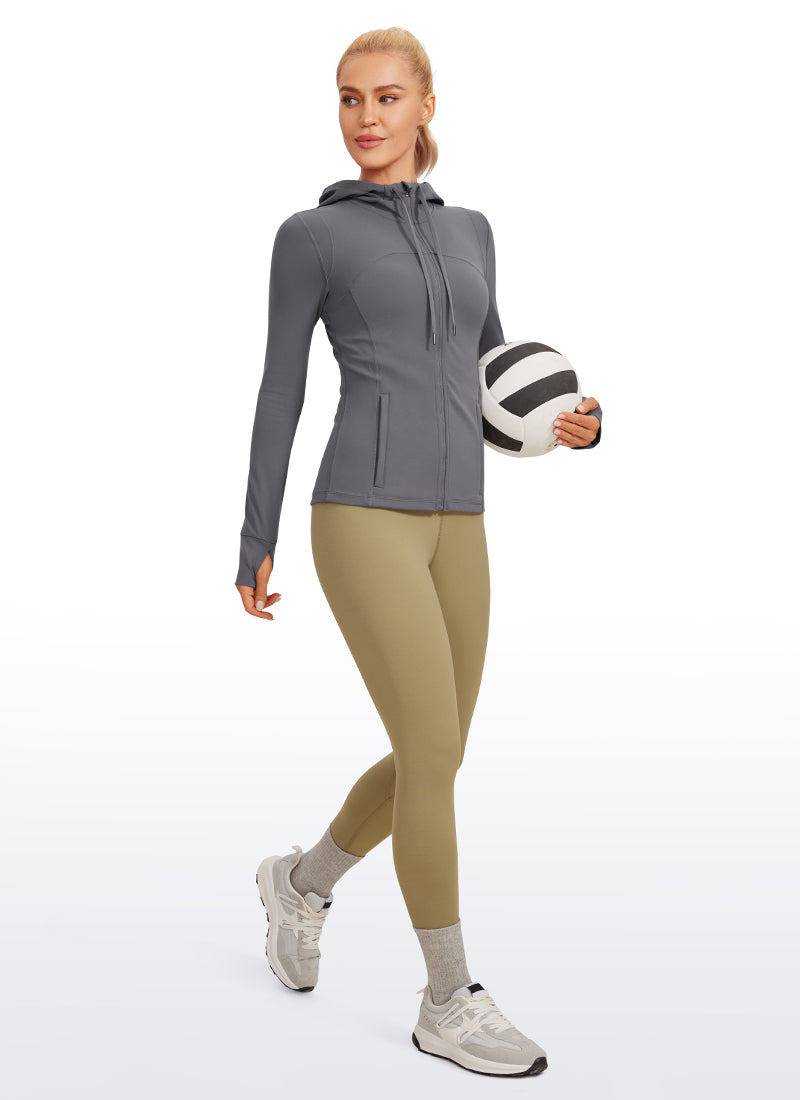 Áo hoodie CRZ YOGA dành cho nữ, kiểu dáng ôm sát, có túi, khóa kéo toàn bộ, màu Dark Carbon, thuộc dòng “ Butterluxe ”