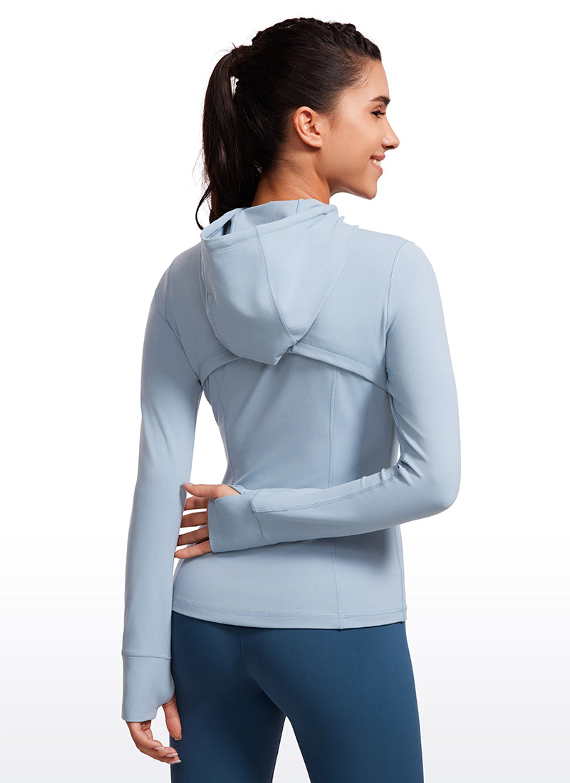 Áo hoodie nữ CRZ YOGA kiểu dáng ôm sát, có túi và khóa kéo toàn bộ, màu xanh Cambric, thuộc dòng " Butterluxe "