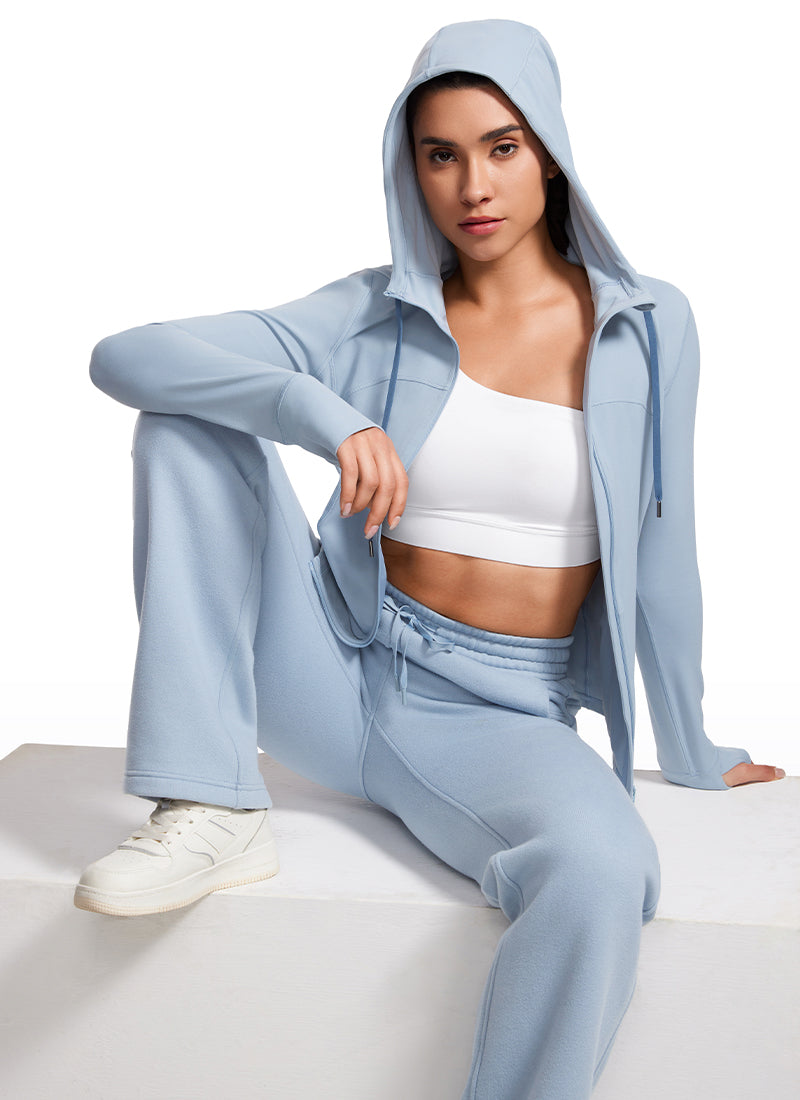 Áo hoodie nữ CRZ YOGA kiểu dáng ôm sát, có túi và khóa kéo toàn bộ, màu xanh Cambric, thuộc dòng " Butterluxe "