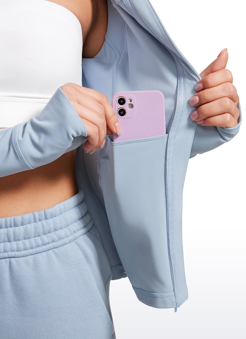 Áo hoodie nữ CRZ YOGA kiểu dáng ôm sát, có túi và khóa kéo toàn bộ, màu xanh Cambric, thuộc dòng " Butterluxe "