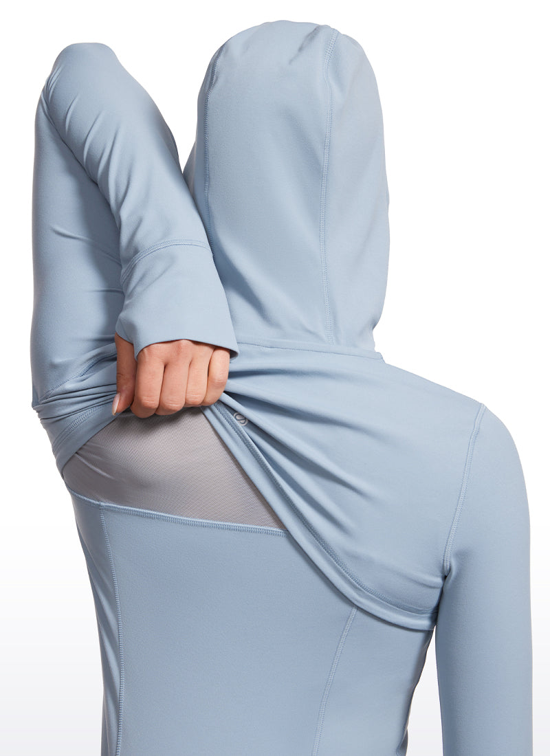 Áo hoodie nữ CRZ YOGA kiểu dáng ôm sát, có túi và khóa kéo toàn bộ, màu xanh Cambric, thuộc dòng " Butterluxe "