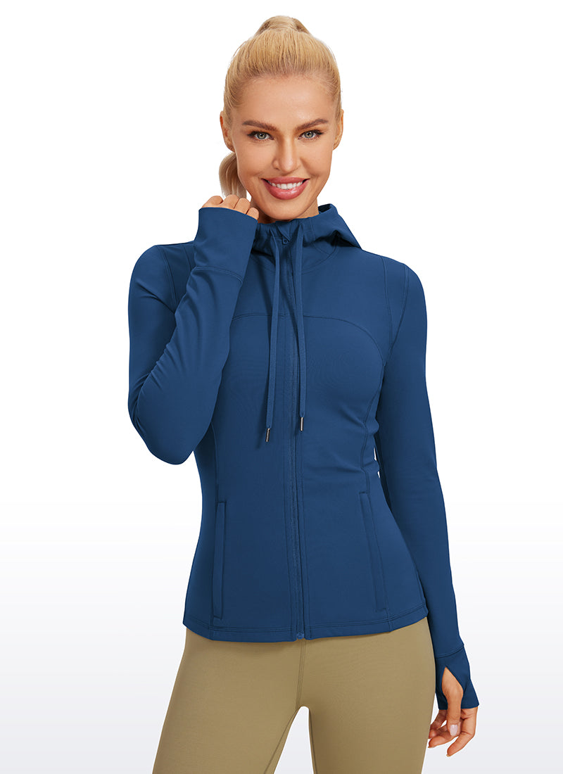 Áo hoodie CRZ YOGA dành cho nữ, kiểu dáng ôm sát ( Butterluxe ), có túi, khóa kéo toàn bộ, màu xanh hải quân kiểu Pháp