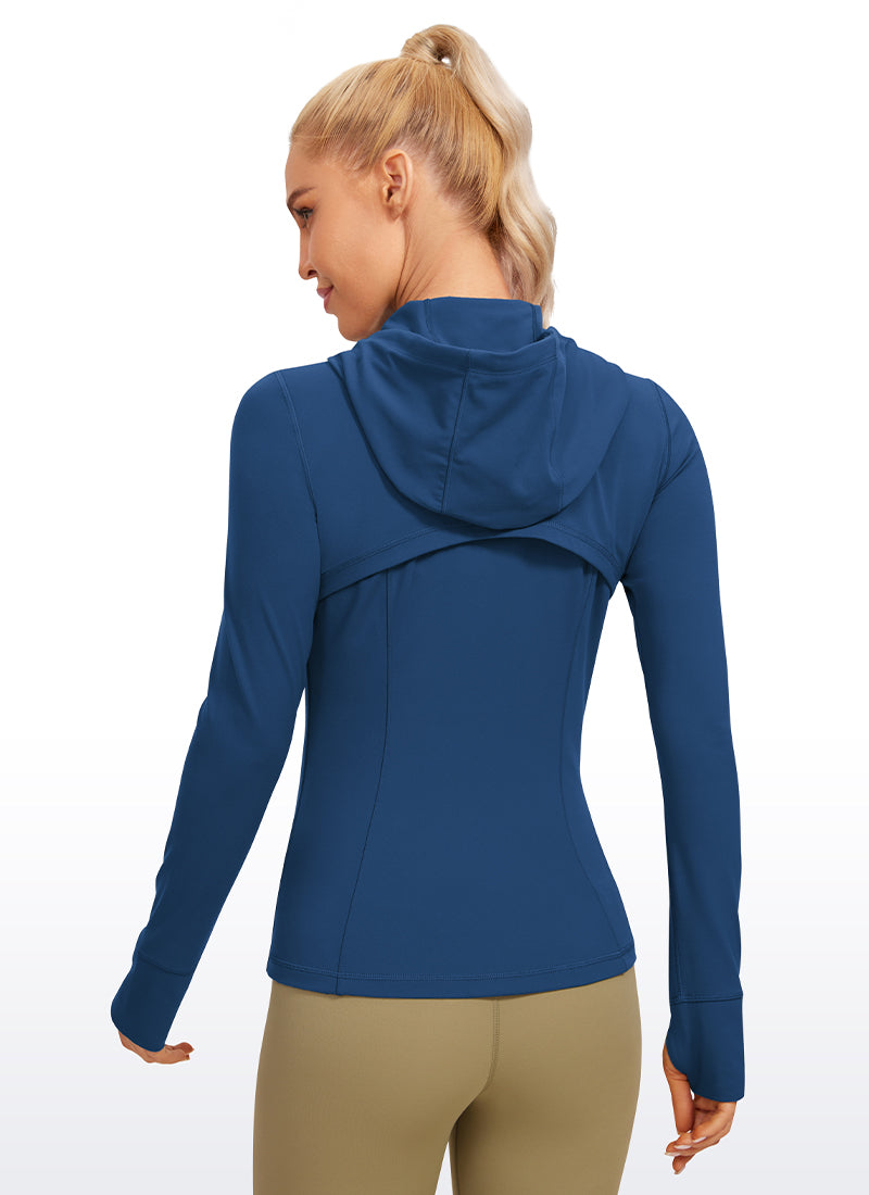 Áo hoodie CRZ YOGA dành cho nữ, kiểu dáng ôm sát ( Butterluxe ), có túi, khóa kéo toàn bộ, màu xanh hải quân kiểu Pháp