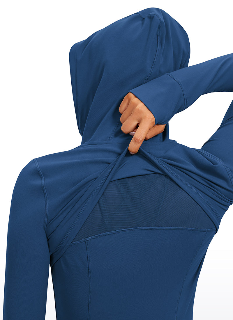 Áo hoodie CRZ YOGA dành cho nữ, kiểu dáng ôm sát ( Butterluxe ), có túi, khóa kéo toàn bộ, màu xanh hải quân kiểu Pháp