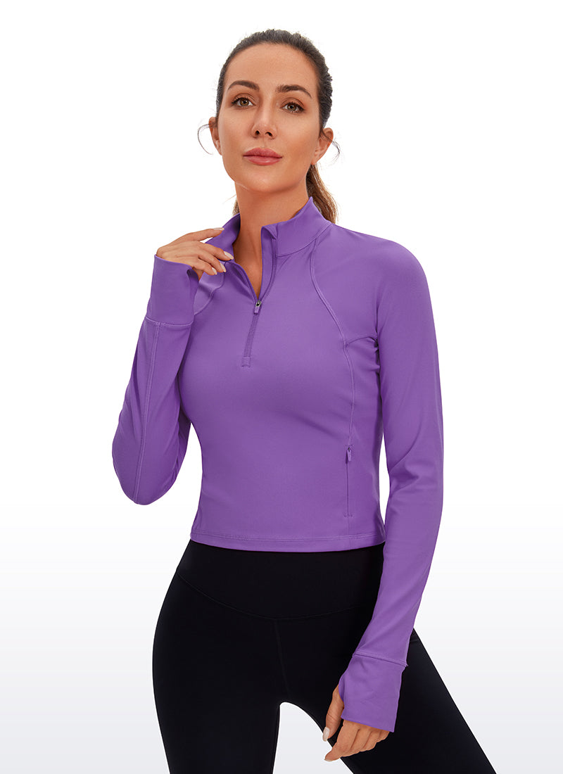 Áo thun yoga ôm sát dành cho nữ CRZ YOGA - Mẫu " Butterluxe " - Tay dài, khóa kéo nửa cổ, màu tím hoàng gia