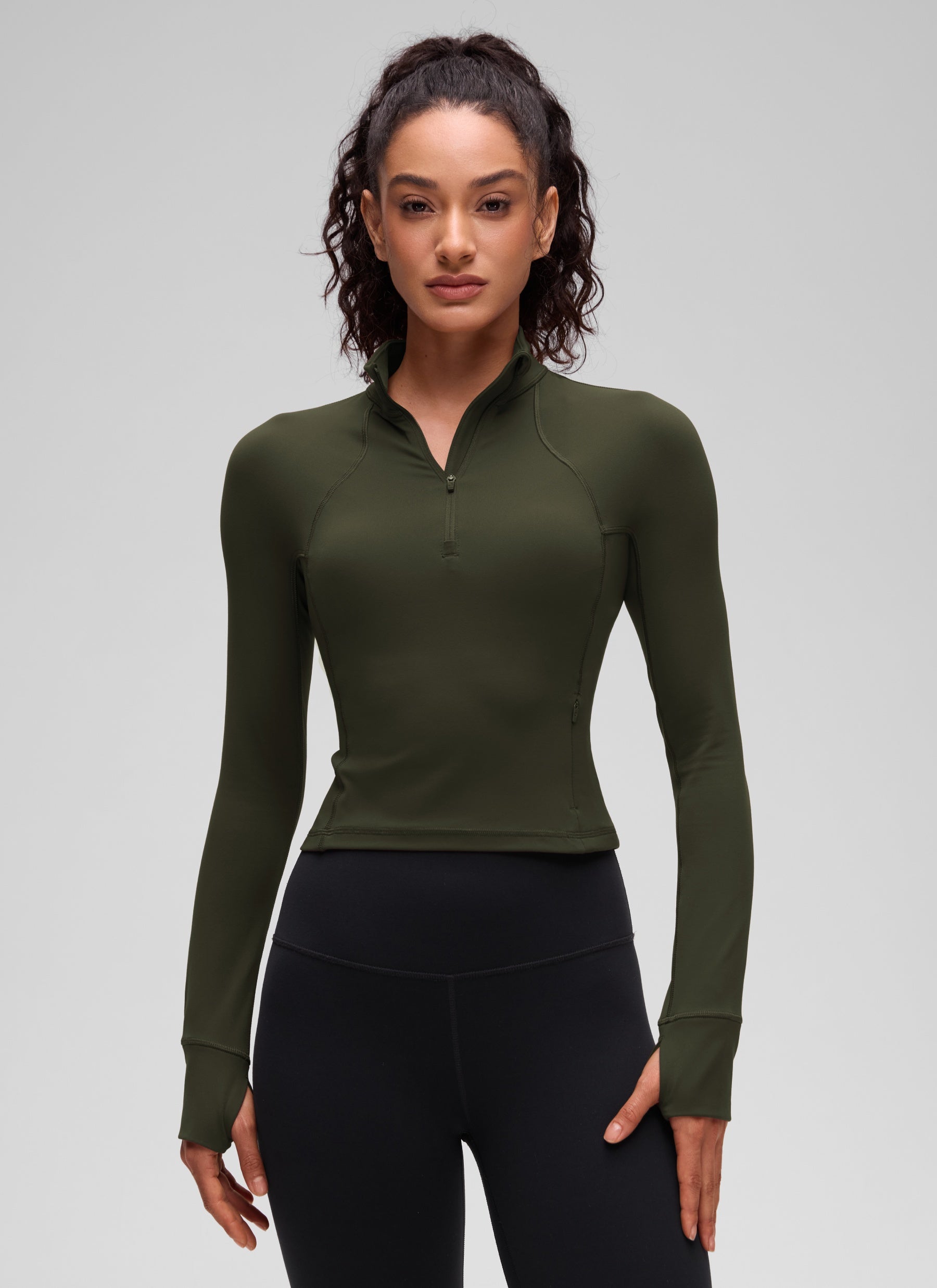 Áo thun yoga ôm sát dành cho nữ CRZ YOGA - Mẫu " Butterluxe " - Tay dài, khóa kéo nửa cổ, màu xanh ô liu