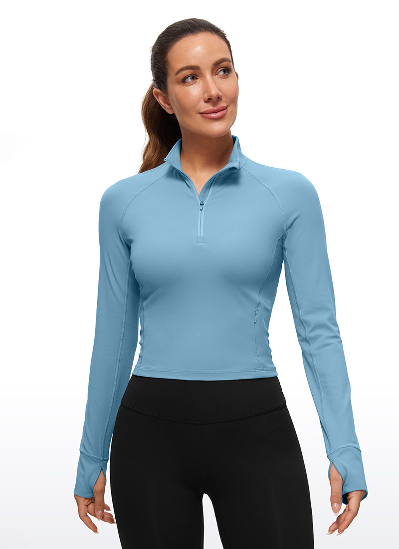 Áo thun yoga ôm sát dành cho nữ CRZ YOGA - Mẫu " Butterluxe " - Tay dài, khóa kéo nửa cổ, màu xanh thuần khiết