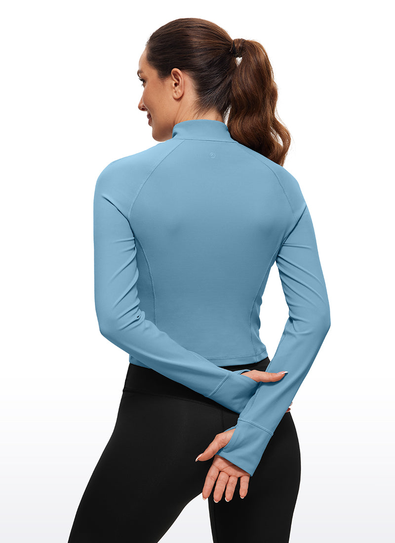 Áo thun yoga ôm sát dành cho nữ CRZ YOGA - Mẫu " Butterluxe " - Tay dài, khóa kéo nửa cổ, màu xanh thuần khiết