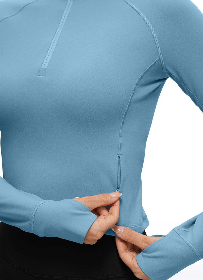 Áo thun yoga ôm sát dành cho nữ CRZ YOGA - Mẫu " Butterluxe " - Tay dài, khóa kéo nửa cổ, màu xanh thuần khiết