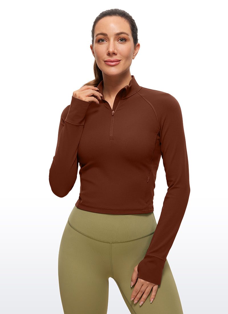 Áo thun yoga ôm sát dành cho nữ CRZ YOGA, mẫu " Butterluxe ", tay dài, khóa kéo nửa cổ, màu nâu táo gai