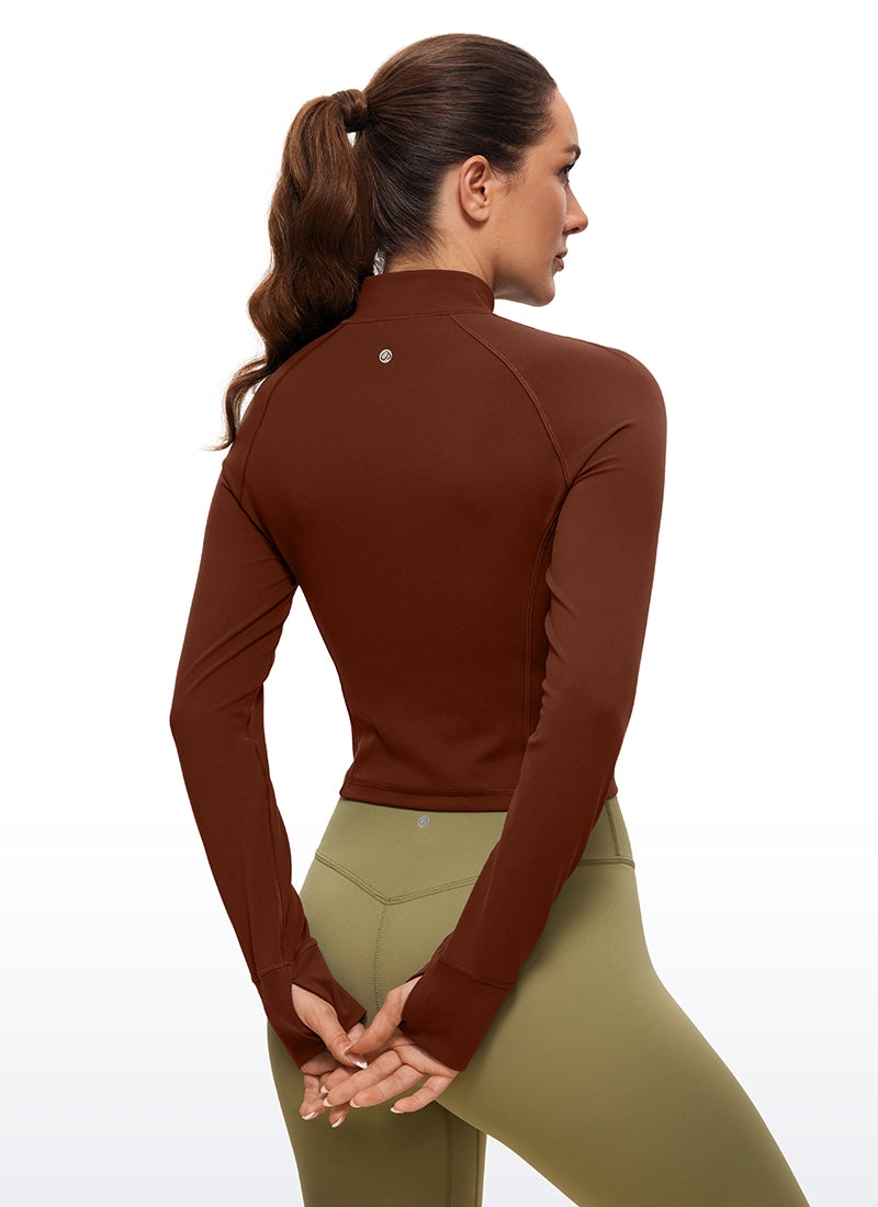Áo thun yoga ôm sát dành cho nữ CRZ YOGA, mẫu " Butterluxe ", tay dài, khóa kéo nửa cổ, màu nâu táo gai