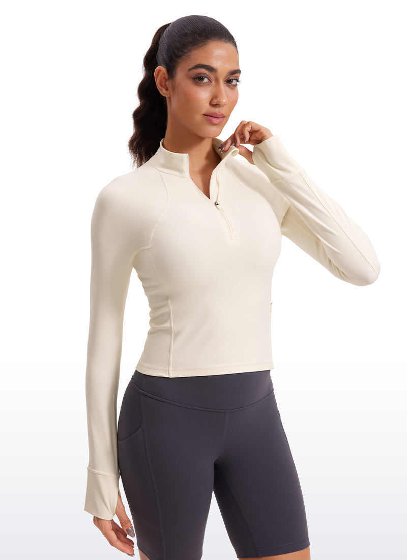 Áo thun yoga ôm sát dành cho nữ CRZ YOGA - Mẫu " Butterluxe " - Áo dài tay có khóa kéo nửa cổ, màu trắng và mơ