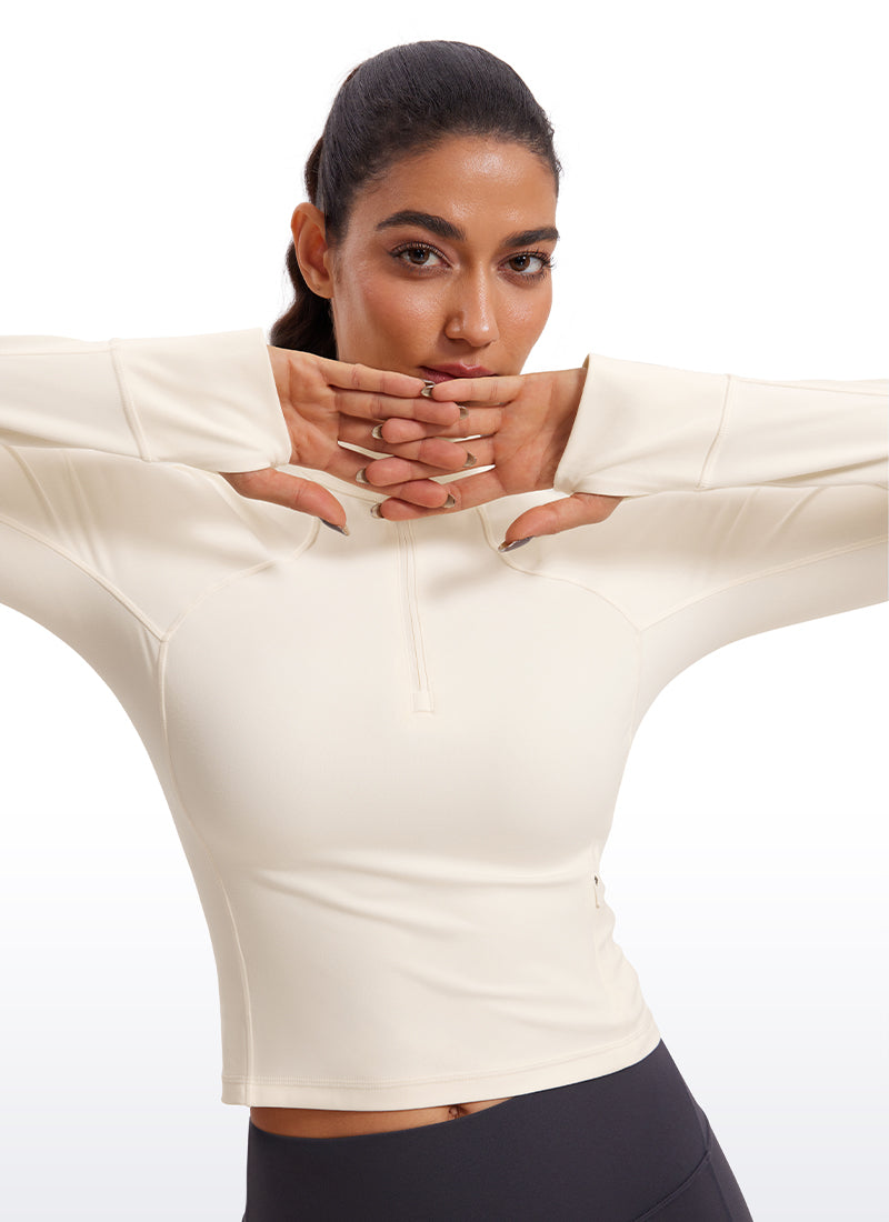 Áo thun yoga ôm sát dành cho nữ CRZ YOGA - Mẫu " Butterluxe " - Áo dài tay có khóa kéo nửa cổ, màu trắng và mơ