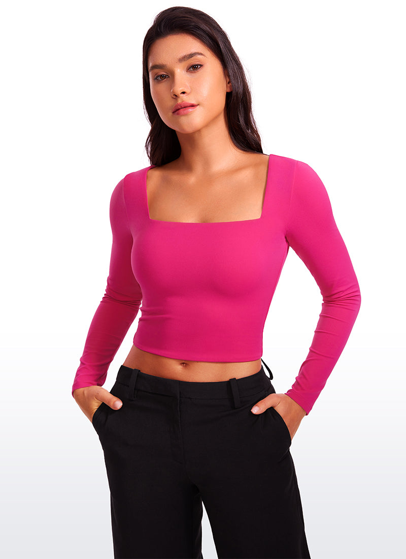 CRZ YOGA Women's Tight Fit Butterluxe Yoga Crop Long Sleeves Square Neck Granita Pink