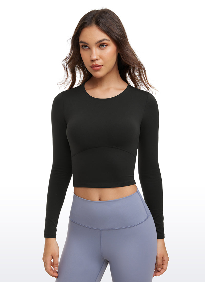 CRZ YOGA Áo thun yoga ôm sát dành cho nữ, kiểu crop top, tay dài, đường may phía trước, màu đen Butterluxe