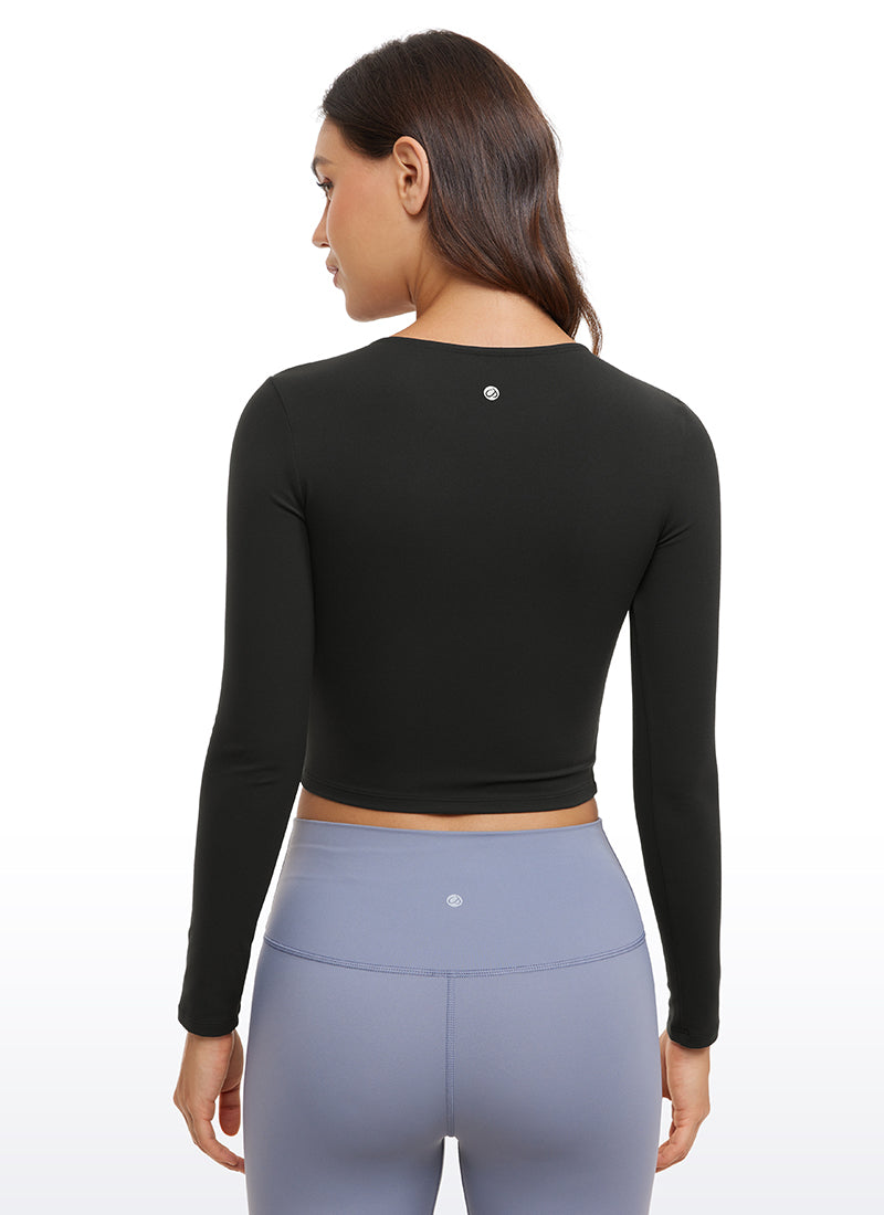 CRZ YOGA Áo thun yoga ôm sát dành cho nữ, kiểu crop top, tay dài, đường may phía trước, màu đen Butterluxe