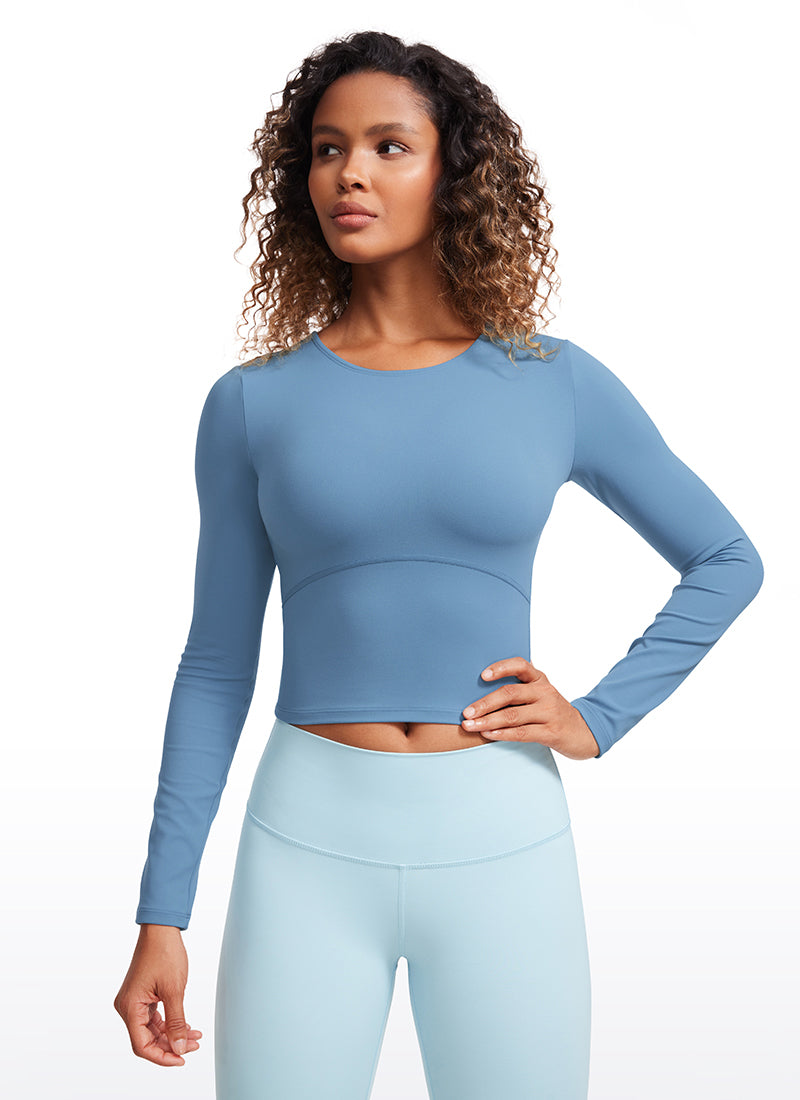 CRZ YOGA Áo thun yoga ôm sát dành cho nữ kiểu crop top, tay dài, đường may phía trước, màu xanh dương “Universe” Butterluxe