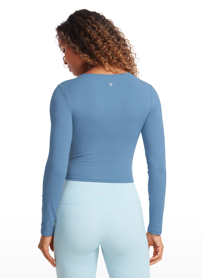 CRZ YOGA Áo thun yoga ôm sát dành cho nữ kiểu crop top, tay dài, đường may phía trước, màu xanh dương “Universe” Butterluxe