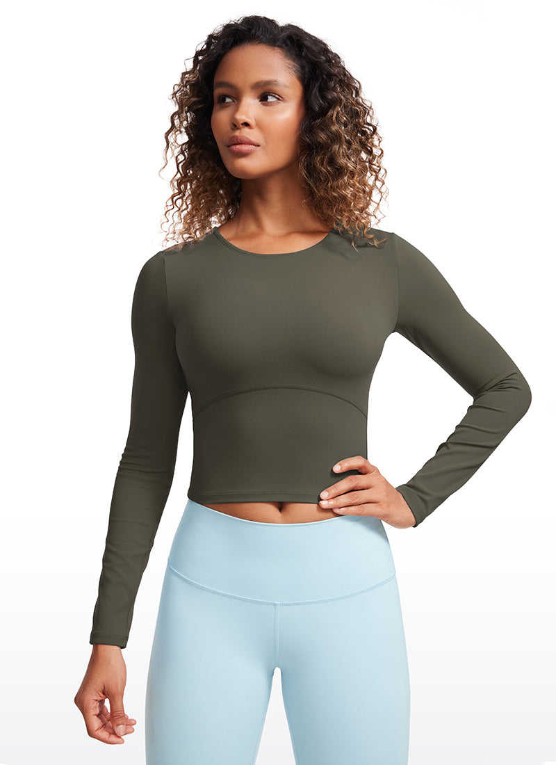 CRZ YOGA Áo thun yoga nữ ôm sát, kiểu crop- Butterluxe , tay dài, đường may phía trước, màu xanh quân đội nhạt