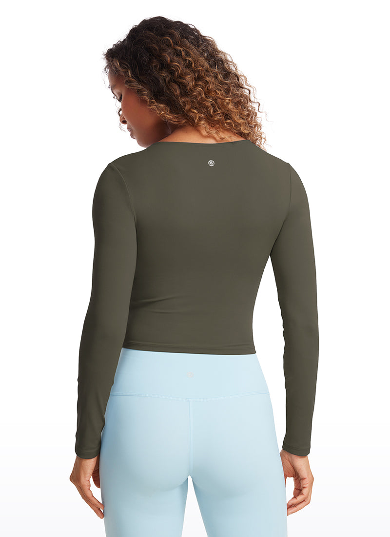 CRZ YOGA Áo thun yoga nữ ôm sát, kiểu crop- Butterluxe , tay dài, đường may phía trước, màu xanh quân đội nhạt