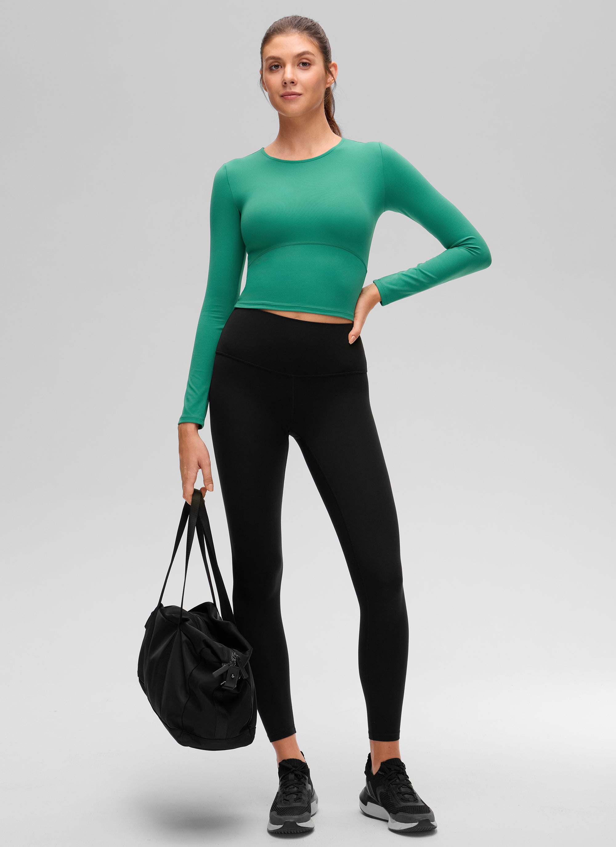 CRZ YOGA Áo thun yoga nữ ôm sát, kiểu crop- Butterluxe , tay dài, đường may phía trước, màu Cascadia Green