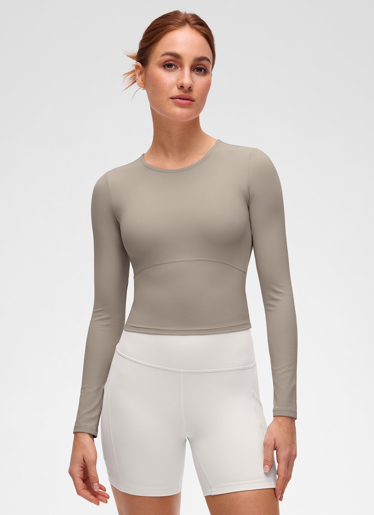 CRZ YOGA Áo thun yoga nữ ôm sát, kiểu crop- Butterluxe , tay dài, đường may trước, màu xám tro ấm