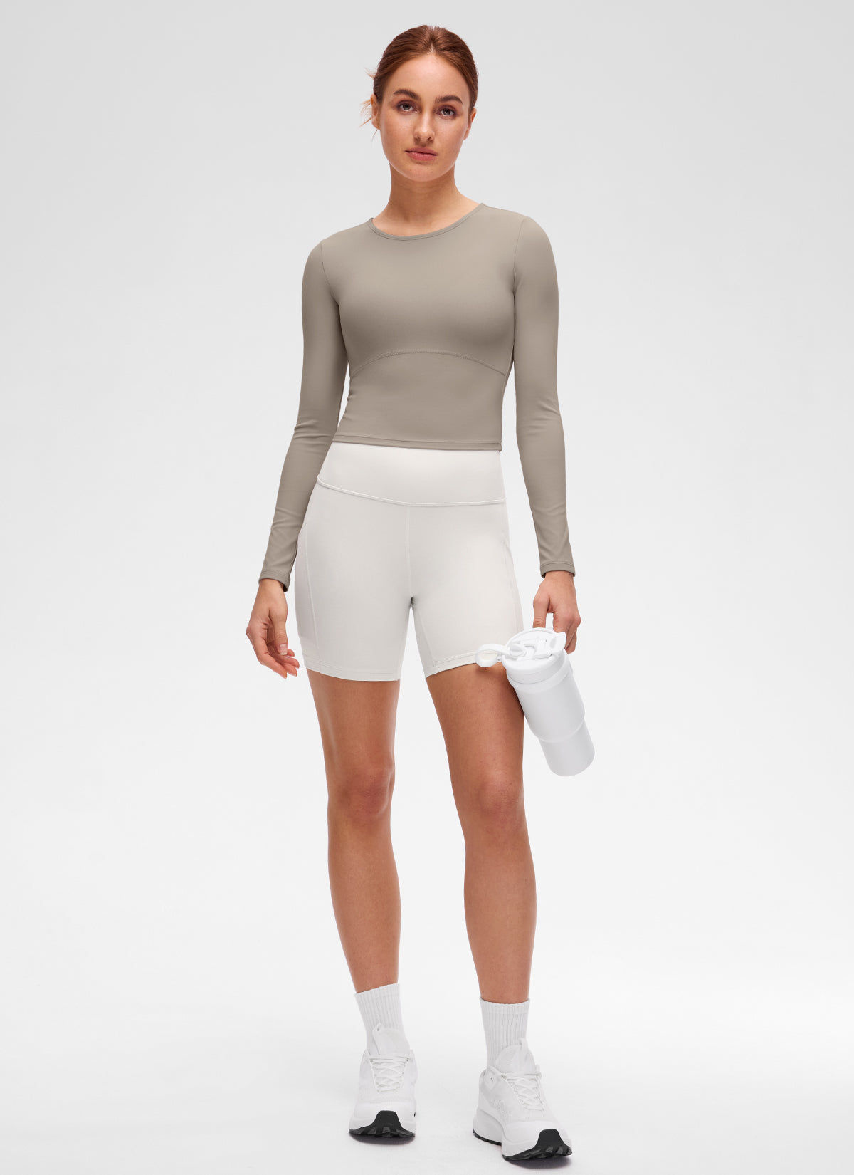 CRZ YOGA Áo thun yoga nữ ôm sát, kiểu crop- Butterluxe , tay dài, đường may trước, màu xám tro ấm