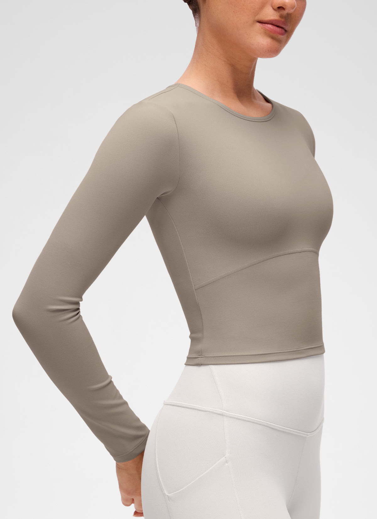 CRZ YOGA Áo thun yoga nữ ôm sát, kiểu crop- Butterluxe , tay dài, đường may trước, màu xám tro ấm