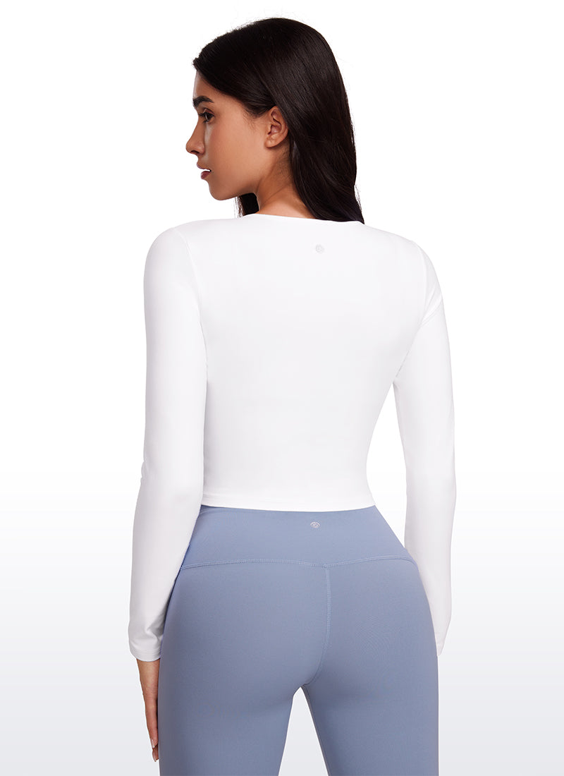 CRZ YOGA Áo thun yoga ôm sát dành cho nữ, kiểu crop top, tay dài, đường may phía trước, màu trắng Butterluxe