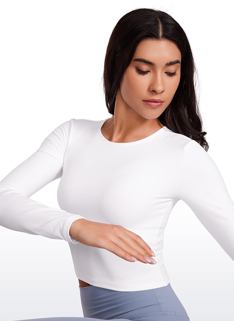 CRZ YOGA Áo thun yoga ôm sát dành cho nữ, kiểu crop top, tay dài, đường may phía trước, màu trắng Butterluxe